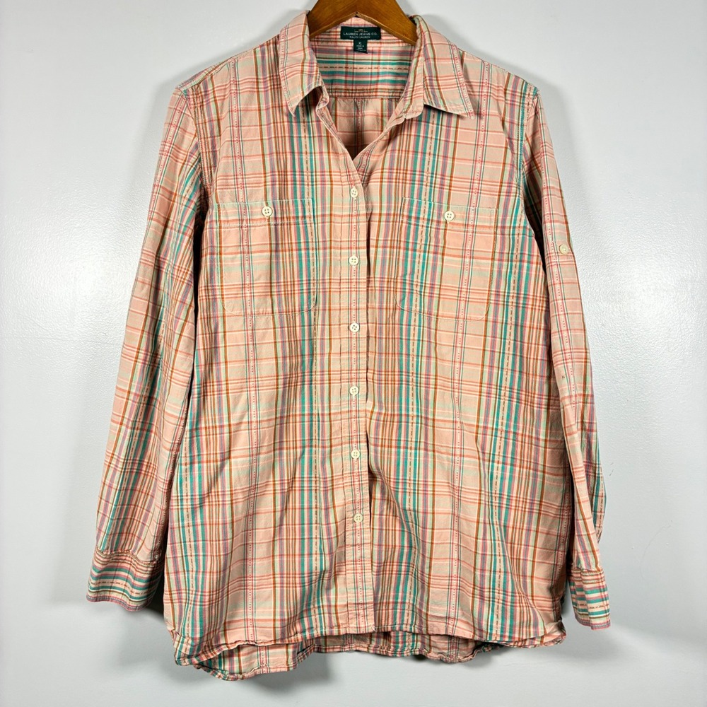 Lauren Ralph Lauren Shirt XL Pink Plaid Button Down Roll Tab Preppy Coastal